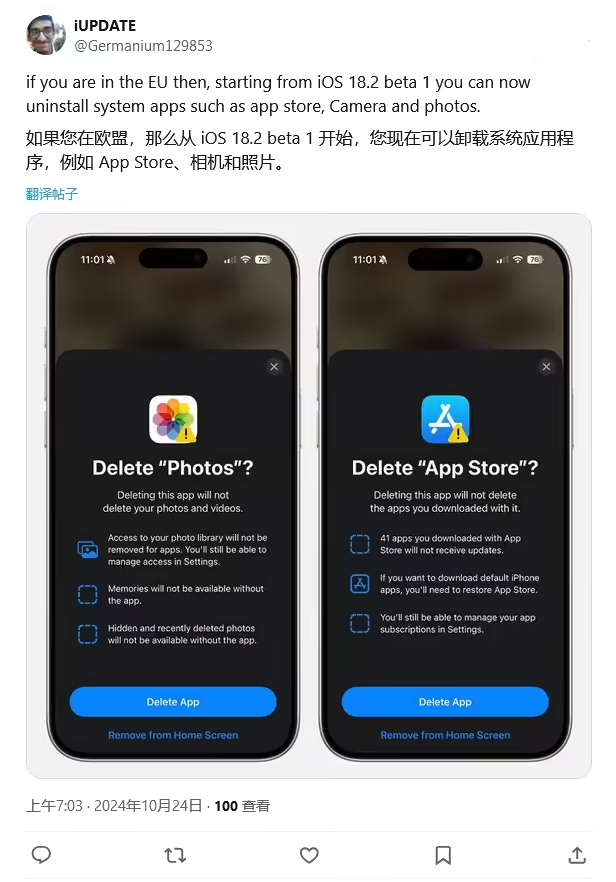 豆河镇苹果手机维修分享iOS 18.2 支持删除 App Store 应用商店 