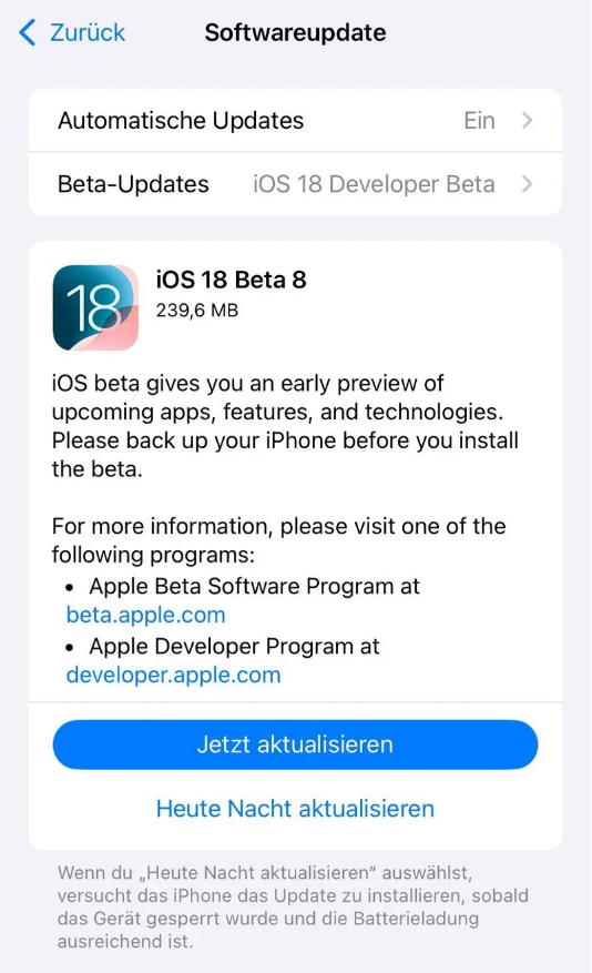 豆河镇苹果手机维修分享苹果 iOS / iPadOS 18 开发者预览版 Beta 8 发布 